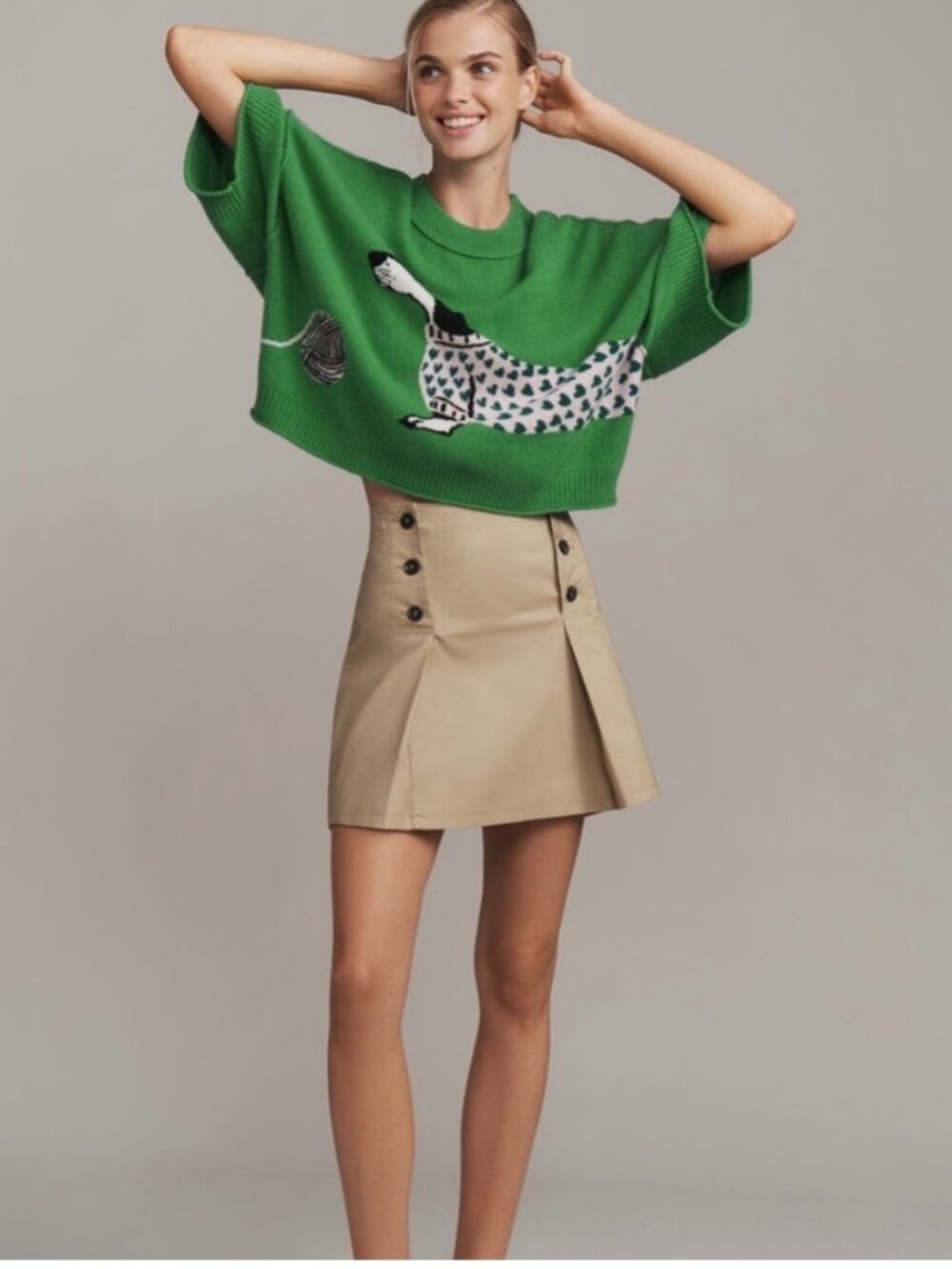 Anthropologie Goldie Cashmere Dachshund Sweater XL Green Intarsia Knit
